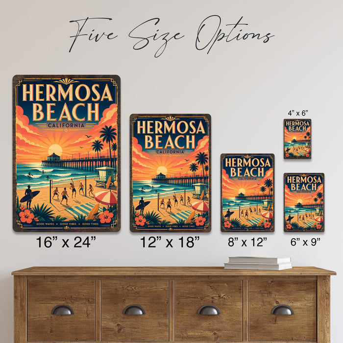 Hermosa Beach California metal sign with art-deco vintage travel poster style of Hermosa Beach California (california coast)