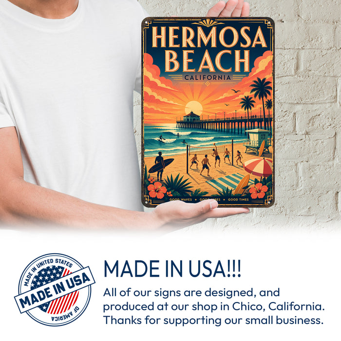 Hermosa Beach California metal sign with art-deco vintage travel poster style of Hermosa Beach California (california coast)