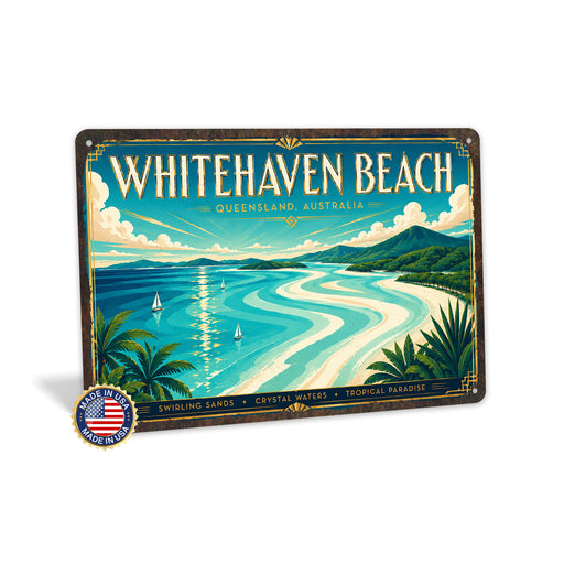 Whitehaven Beach Queensland metal sign with art-deco vintage travel poster style of Whitehaven Beach Queensland (australia