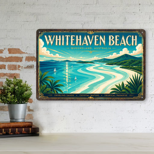 Whitehaven Beach Queensland metal sign with art-deco vintage travel poster style of Whitehaven Beach Queensland (australia