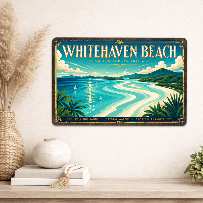 Whitehaven Beach Queensland metal sign with art-deco vintage travel poster style of Whitehaven Beach Queensland (australia