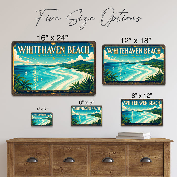 Whitehaven Beach Queensland metal sign with art-deco vintage travel poster style of Whitehaven Beach Queensland (australia