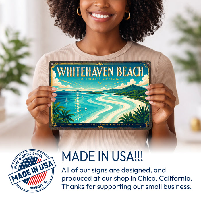 Whitehaven Beach Queensland metal sign with art-deco vintage travel poster style of Whitehaven Beach Queensland (australia