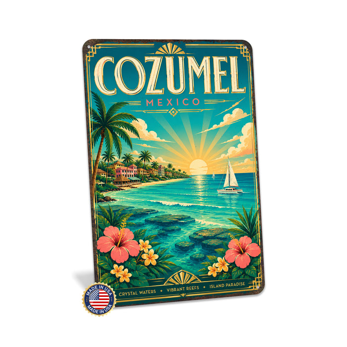 Cozumel Mexico metal sign with art-deco vintage travel poster style of Cozumel Mexico (mexico caribbean)