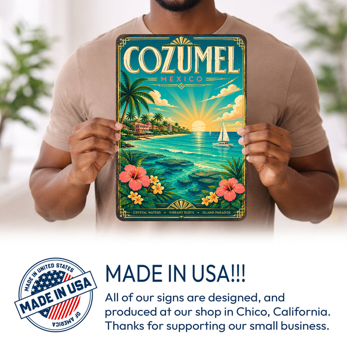 Cozumel Mexico metal sign with art-deco vintage travel poster style of Cozumel Mexico (mexico caribbean)