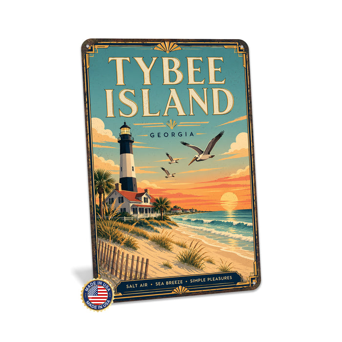 Tybee Island Georgia metal sign with art-deco vintage travel poster style of Tybee Island Georgia (georgia coast)