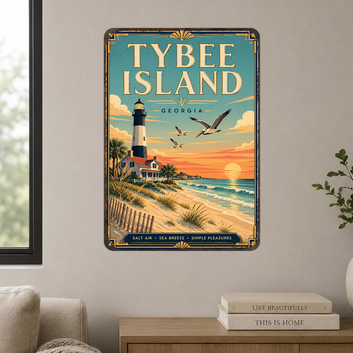 Tybee Island Georgia metal sign with art-deco vintage travel poster style of Tybee Island Georgia (georgia coast)