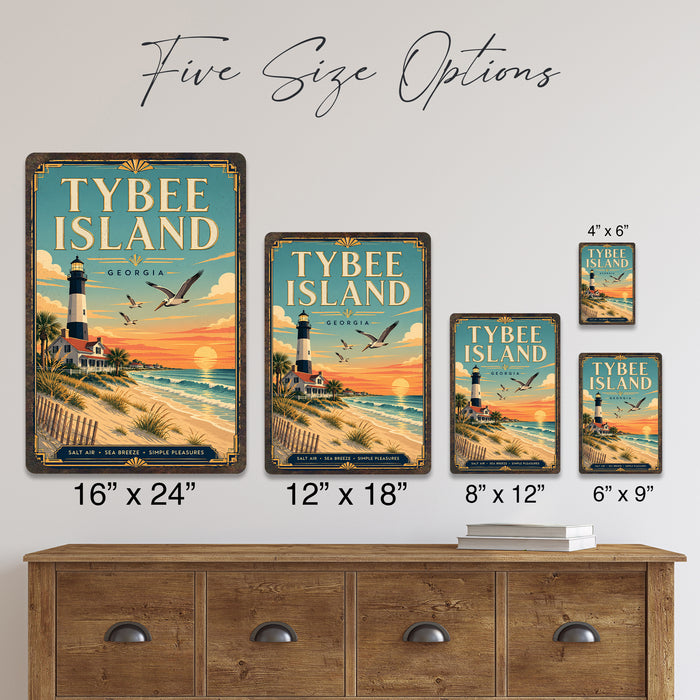Tybee Island Georgia metal sign with art-deco vintage travel poster style of Tybee Island Georgia (georgia coast)