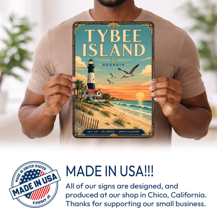 Tybee Island Georgia metal sign with art-deco vintage travel poster style of Tybee Island Georgia (georgia coast)