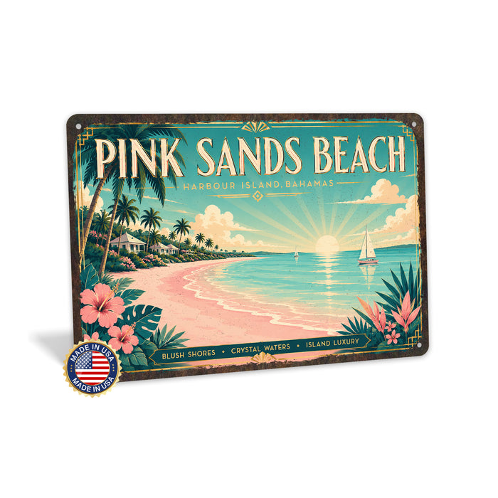 Pink Sands Beach Bahamas metal sign with art-deco vintage travel poster style of Pink Sands Beach Bahamas (bahamas harbour)
