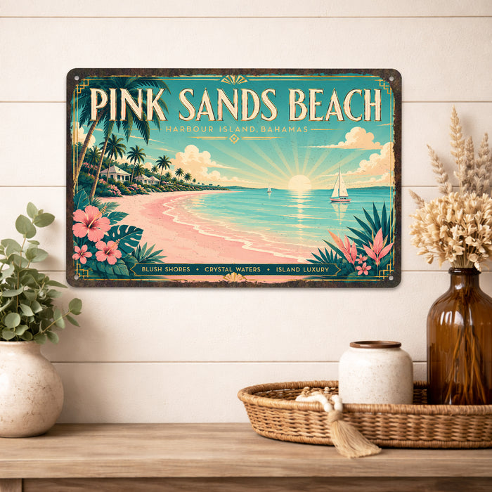 Pink Sands Beach Bahamas metal sign with art-deco vintage travel poster style of Pink Sands Beach Bahamas (bahamas harbour)