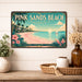 Pink Sands Beach Bahamas metal sign with art-deco vintage travel poster style of Pink Sands Beach Bahamas (bahamas harbour)
