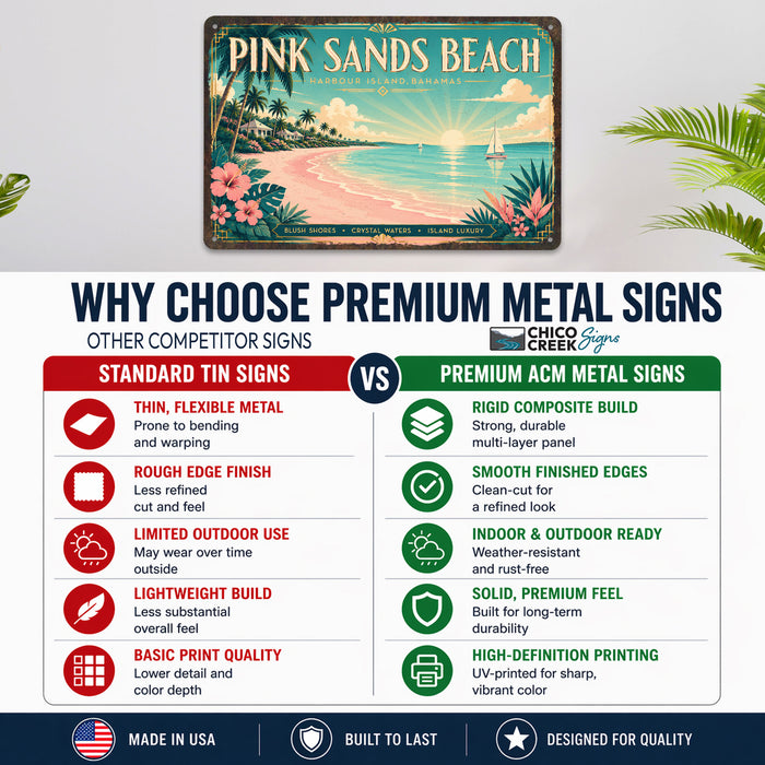 Pink Sands Beach Bahamas metal sign with art-deco vintage travel poster style of Pink Sands Beach Bahamas (bahamas harbour)