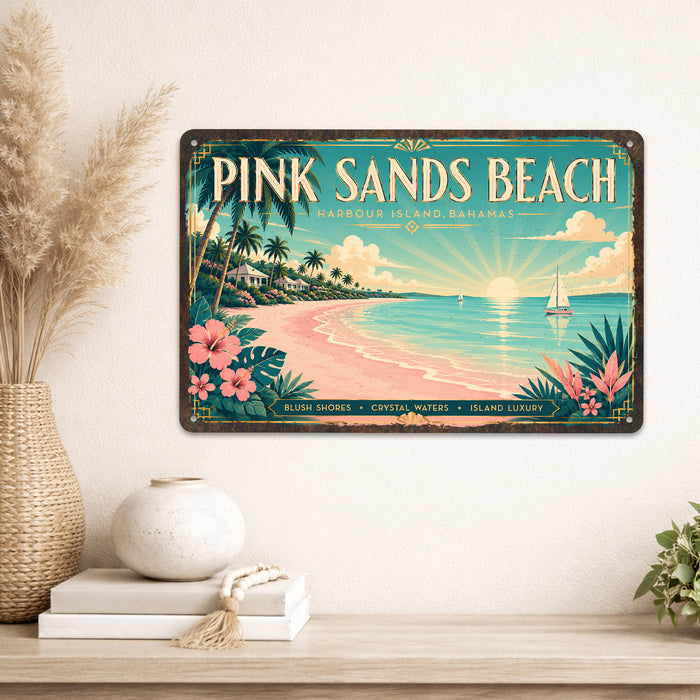 Pink Sands Beach Bahamas metal sign with art-deco vintage travel poster style of Pink Sands Beach Bahamas (bahamas harbour)