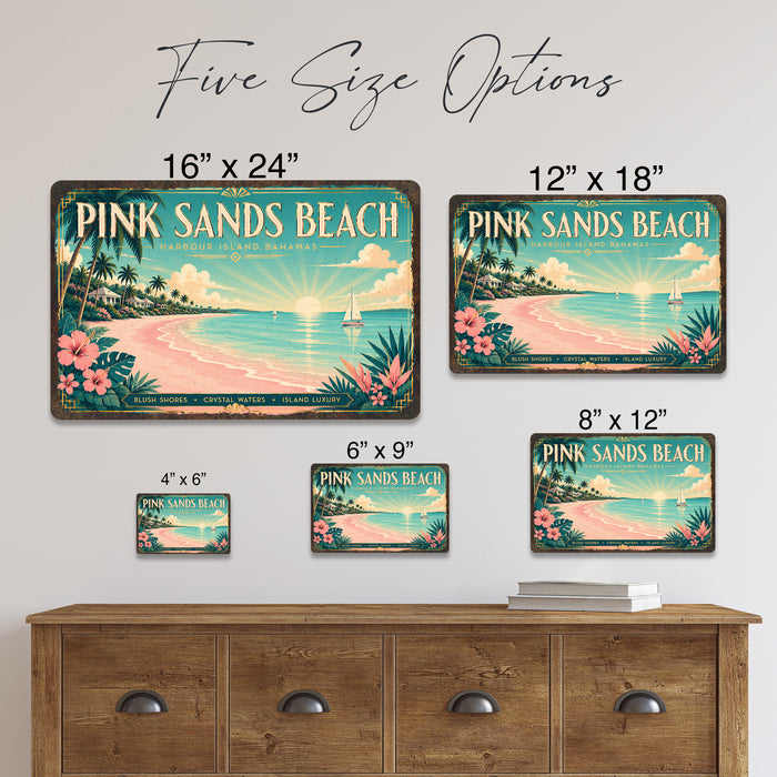 Pink Sands Beach Bahamas metal sign with art-deco vintage travel poster style of Pink Sands Beach Bahamas (bahamas harbour)