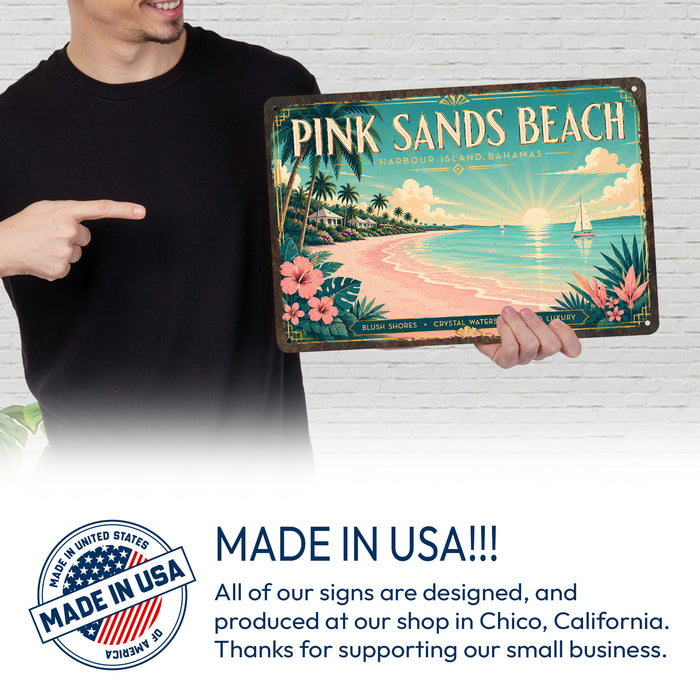 Pink Sands Beach Bahamas metal sign with art-deco vintage travel poster style of Pink Sands Beach Bahamas (bahamas harbour)
