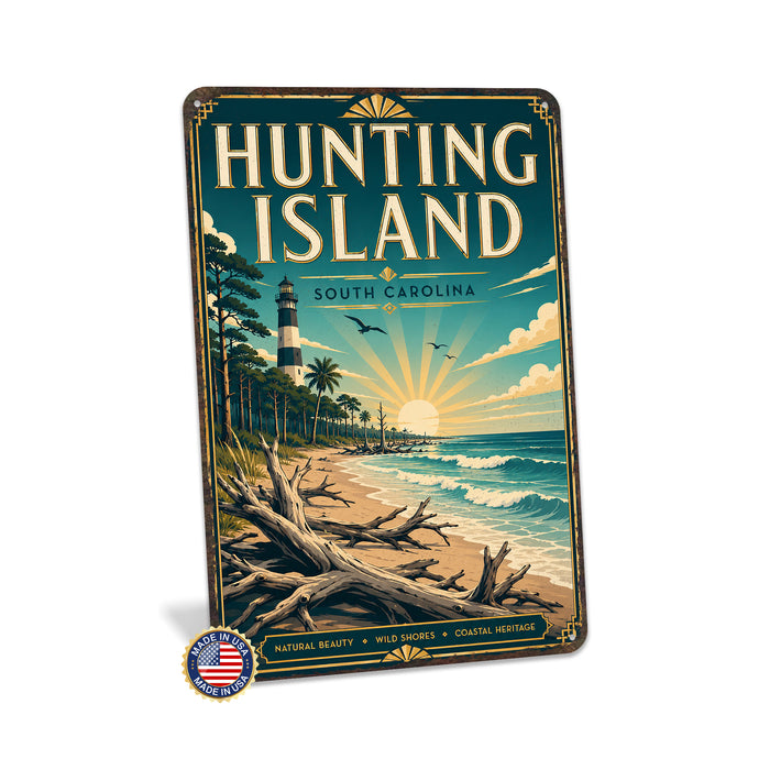 Hunting Island South Carolina metal sign with art-deco vintage travel poster style of Hunting Island South Carolina (south