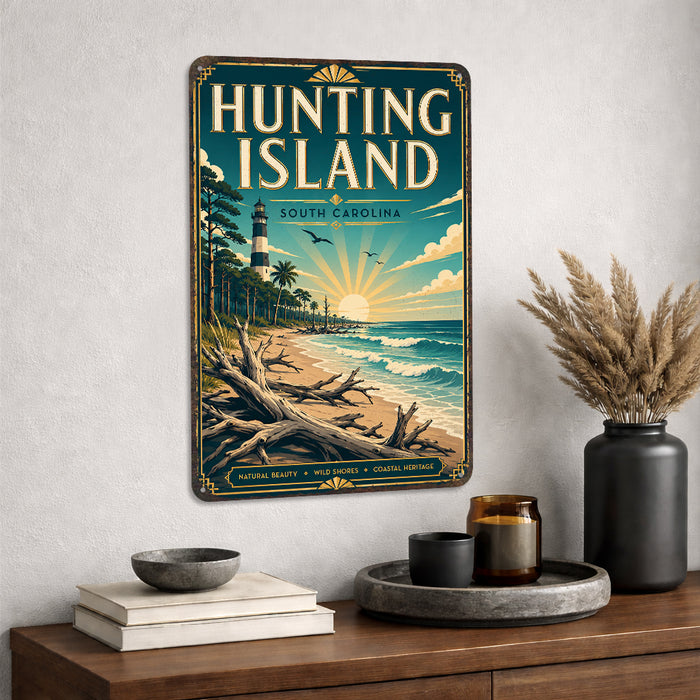 Hunting Island South Carolina metal sign with art-deco vintage travel poster style of Hunting Island South Carolina (south