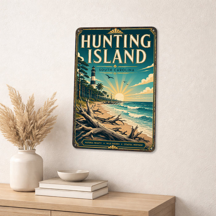 Hunting Island South Carolina metal sign with art-deco vintage travel poster style of Hunting Island South Carolina (south