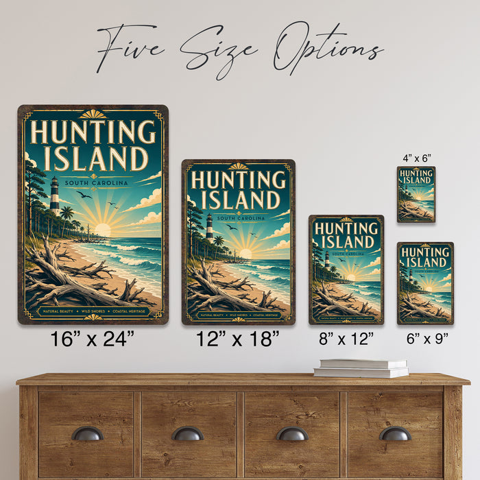Hunting Island South Carolina metal sign with art-deco vintage travel poster style of Hunting Island South Carolina (south