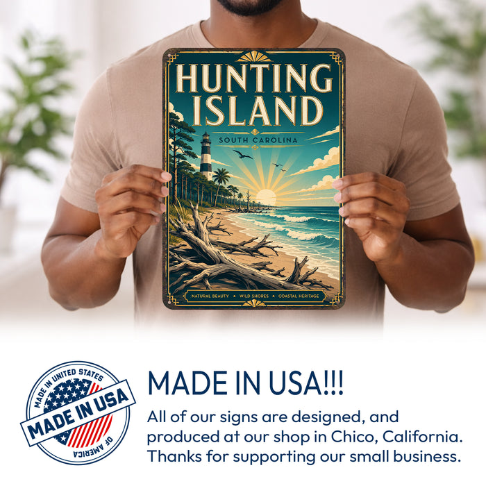 Hunting Island South Carolina metal sign with art-deco vintage travel poster style of Hunting Island South Carolina (south