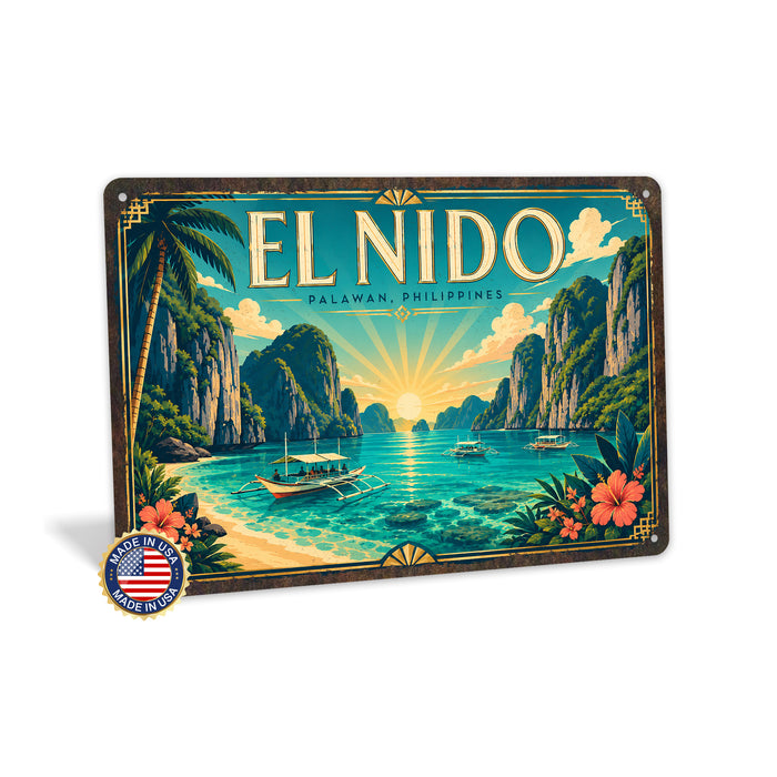 El Nido Palawan Philippines metal sign with art-deco vintage travel poster style of El Nido Palawan Philippines (philippines