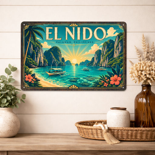 El Nido Palawan Philippines metal sign with art-deco vintage travel poster style of El Nido Palawan Philippines (philippines