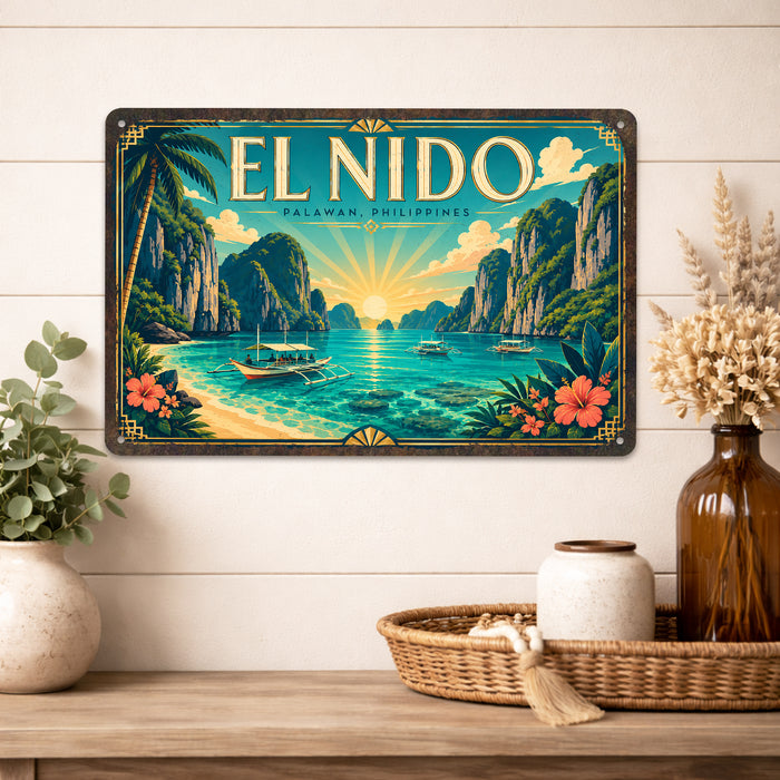 El Nido Palawan Philippines metal sign with art-deco vintage travel poster style of El Nido Palawan Philippines (philippines