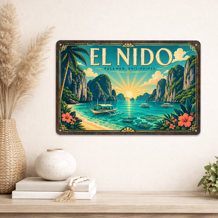 El Nido Palawan Philippines metal sign with art-deco vintage travel poster style of El Nido Palawan Philippines (philippines