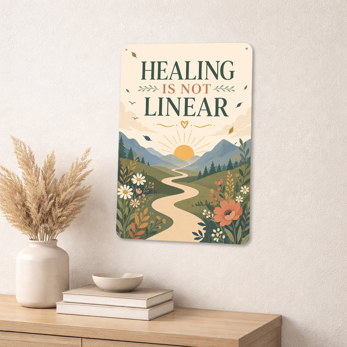Healing Is Not Linear metal sign with calm boho-modern affirmation poster — Healing Is Not Linear