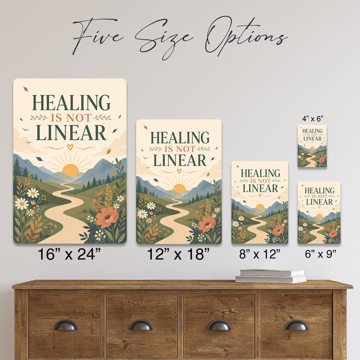 Healing Is Not Linear metal sign with calm boho-modern affirmation poster — Healing Is Not Linear