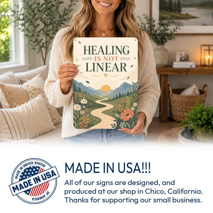 Healing Is Not Linear metal sign with calm boho-modern affirmation poster — Healing Is Not Linear