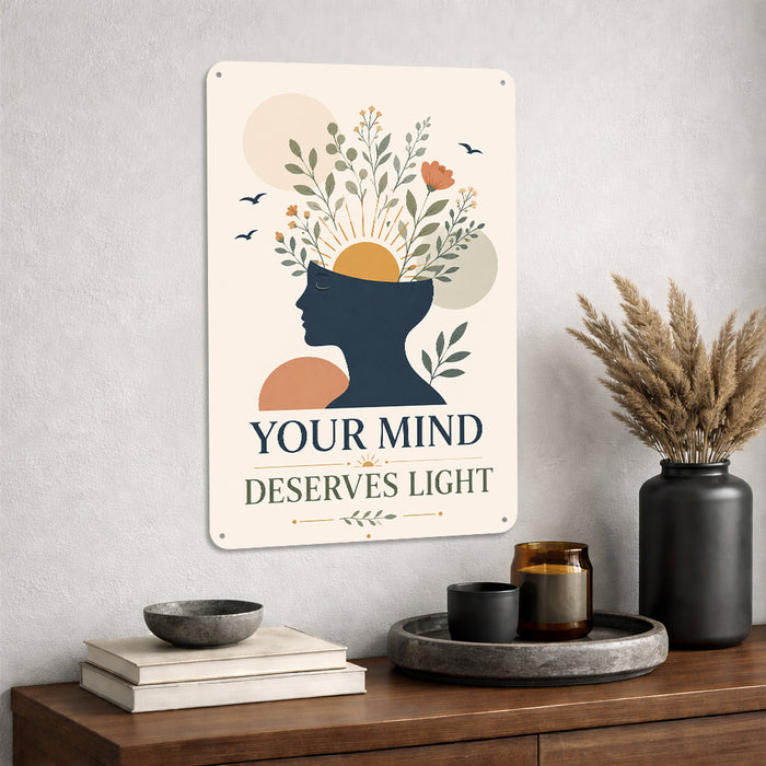 Your Mind Deserves Light metal sign with calm boho-modern affirmation poster — Your Mind Deserves Light