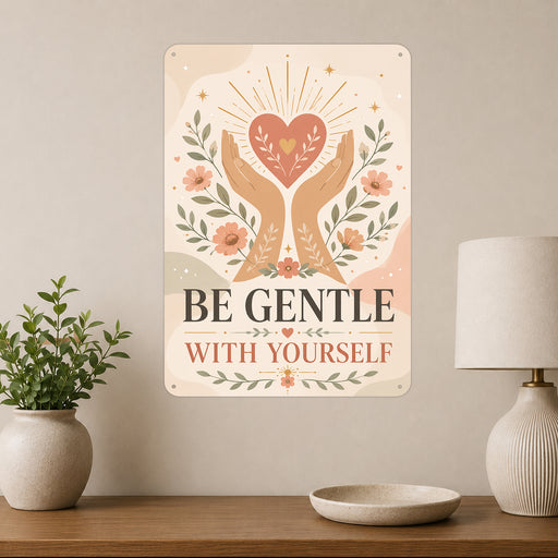Be Gentle With Yourself metal sign with calm boho-modern affirmation poster — Be Gentle With Yourself