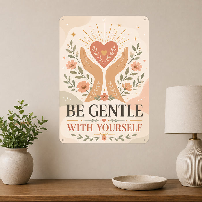 Be Gentle With Yourself metal sign with calm boho-modern affirmation poster — Be Gentle With Yourself