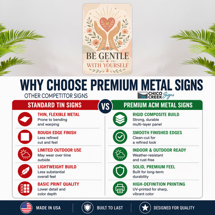 Be Gentle With Yourself metal sign with calm boho-modern affirmation poster — Be Gentle With Yourself