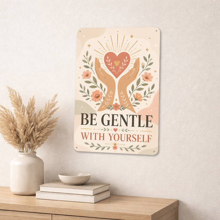 Be Gentle With Yourself metal sign with calm boho-modern affirmation poster — Be Gentle With Yourself