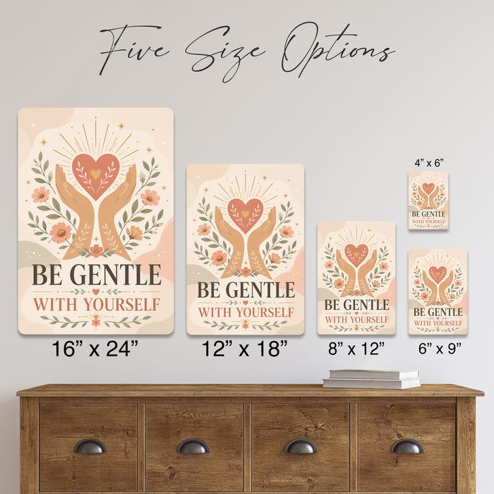 Be Gentle With Yourself metal sign with calm boho-modern affirmation poster — Be Gentle With Yourself