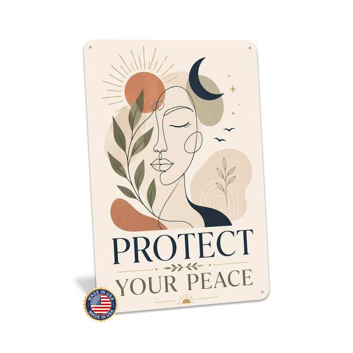 Protect Your Peace metal sign with calm boho-modern affirmation poster — Protect Your Peace