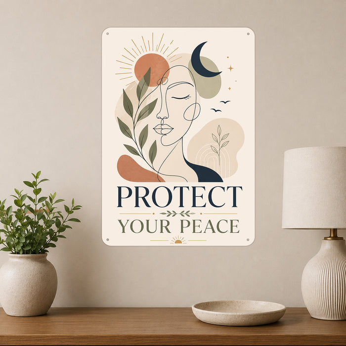 Protect Your Peace metal sign with calm boho-modern affirmation poster — Protect Your Peace
