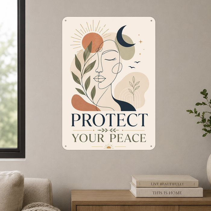 Protect Your Peace metal sign with calm boho-modern affirmation poster — Protect Your Peace