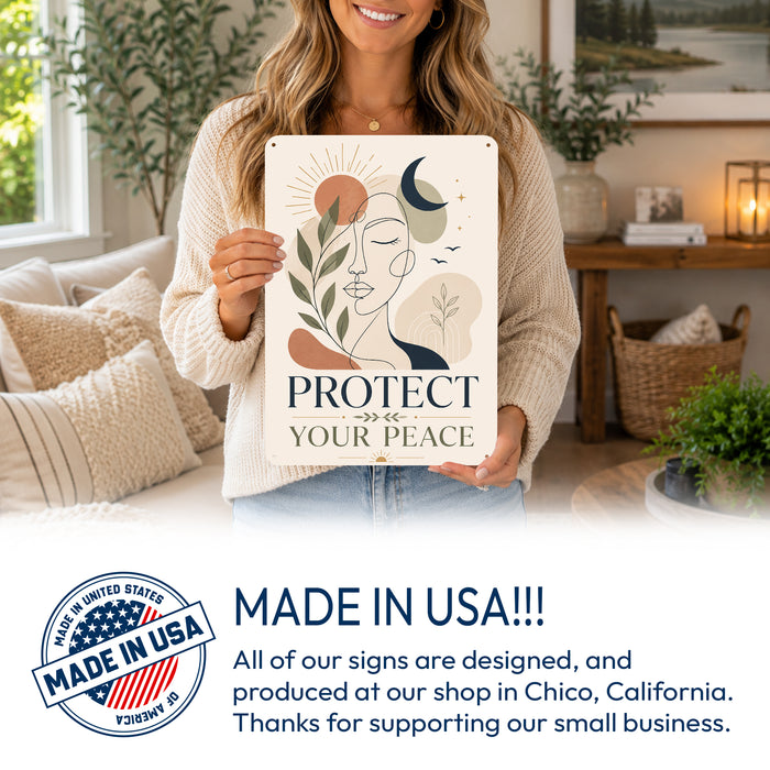 Protect Your Peace metal sign with calm boho-modern affirmation poster — Protect Your Peace