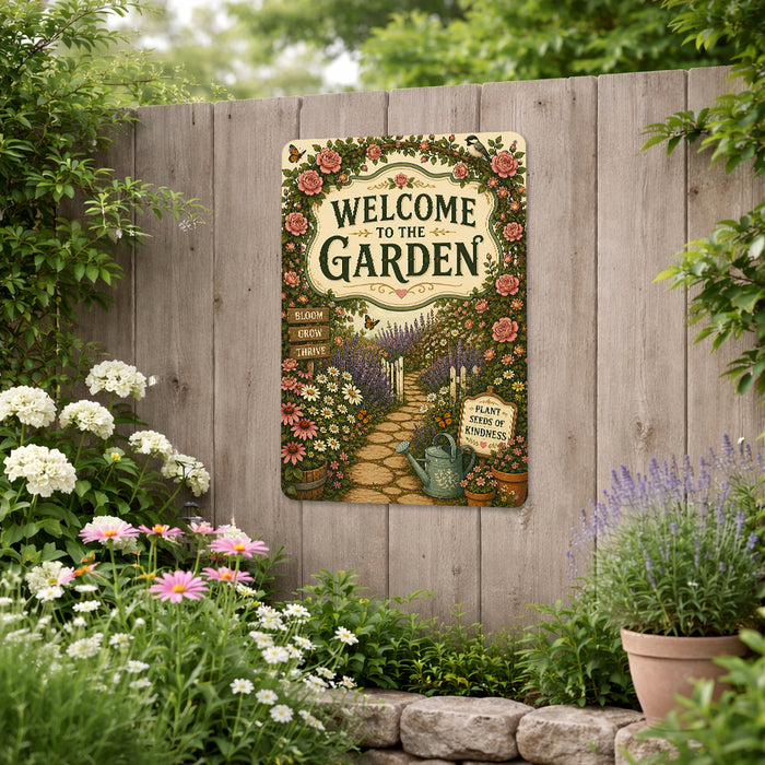 Welcome to the Garden Bloom Grow Thrive metal sign with vintage cottage garden style — Welcome to the Garden Bloom Grow