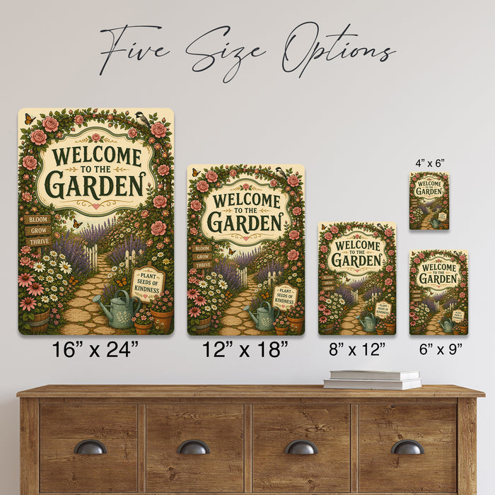 Welcome to the Garden Bloom Grow Thrive metal sign with vintage cottage garden style — Welcome to the Garden Bloom Grow