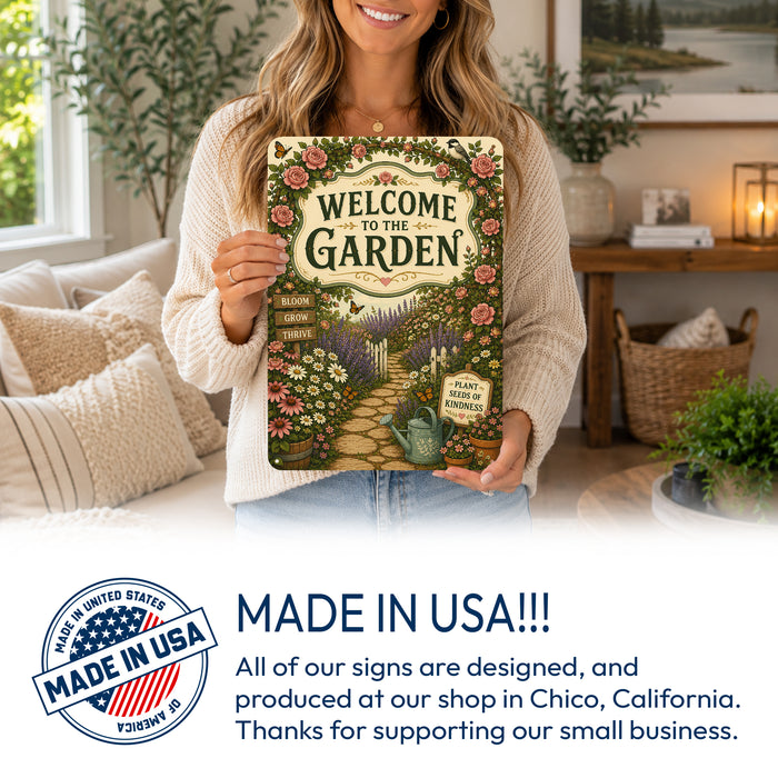 Welcome to the Garden Bloom Grow Thrive metal sign with vintage cottage garden style — Welcome to the Garden Bloom Grow