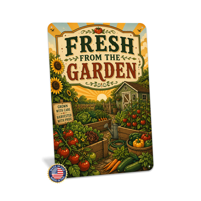 Fresh from the Garden Grown with Care metal sign with vintage cottage garden style — Fresh from the Garden Grown with Care