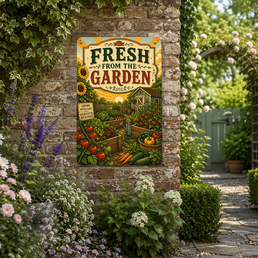 Fresh from the Garden Grown with Care metal sign with vintage cottage garden style — Fresh from the Garden Grown with Care