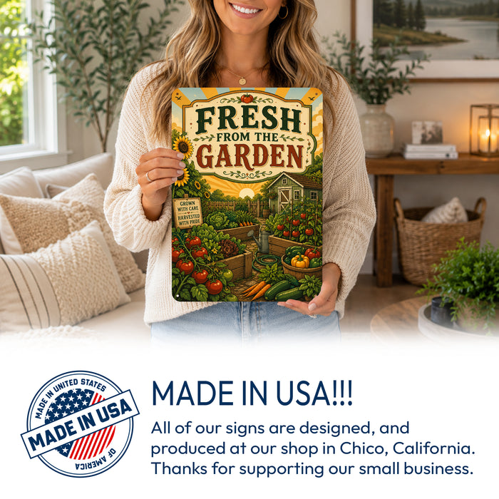 Fresh from the Garden Grown with Care metal sign with vintage cottage garden style — Fresh from the Garden Grown with Care