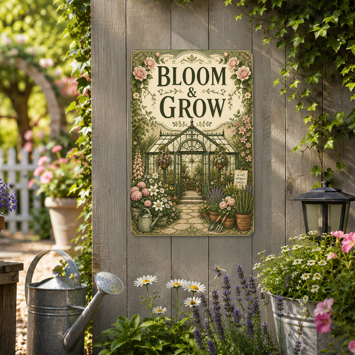 Bloom and Grow Greenhouse Garden metal sign with vintage cottage garden style — Bloom and Grow Greenhouse Garden
