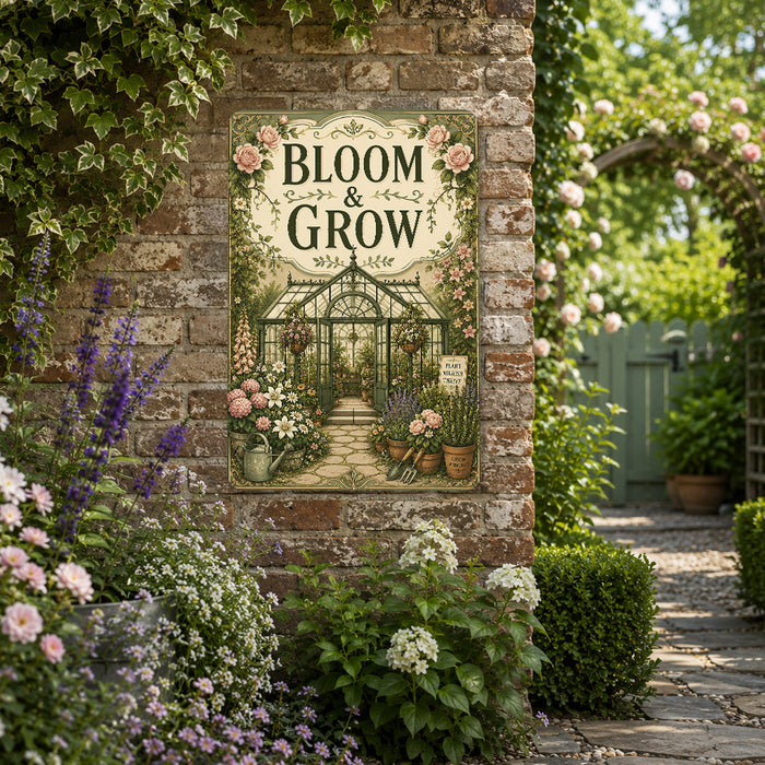 Bloom and Grow Greenhouse Garden metal sign with vintage cottage garden style — Bloom and Grow Greenhouse Garden